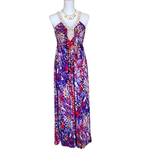 Elle Multicolor Splatter Print Halter Maxi Dress - Women’s Size Large - Picture 1 of 8